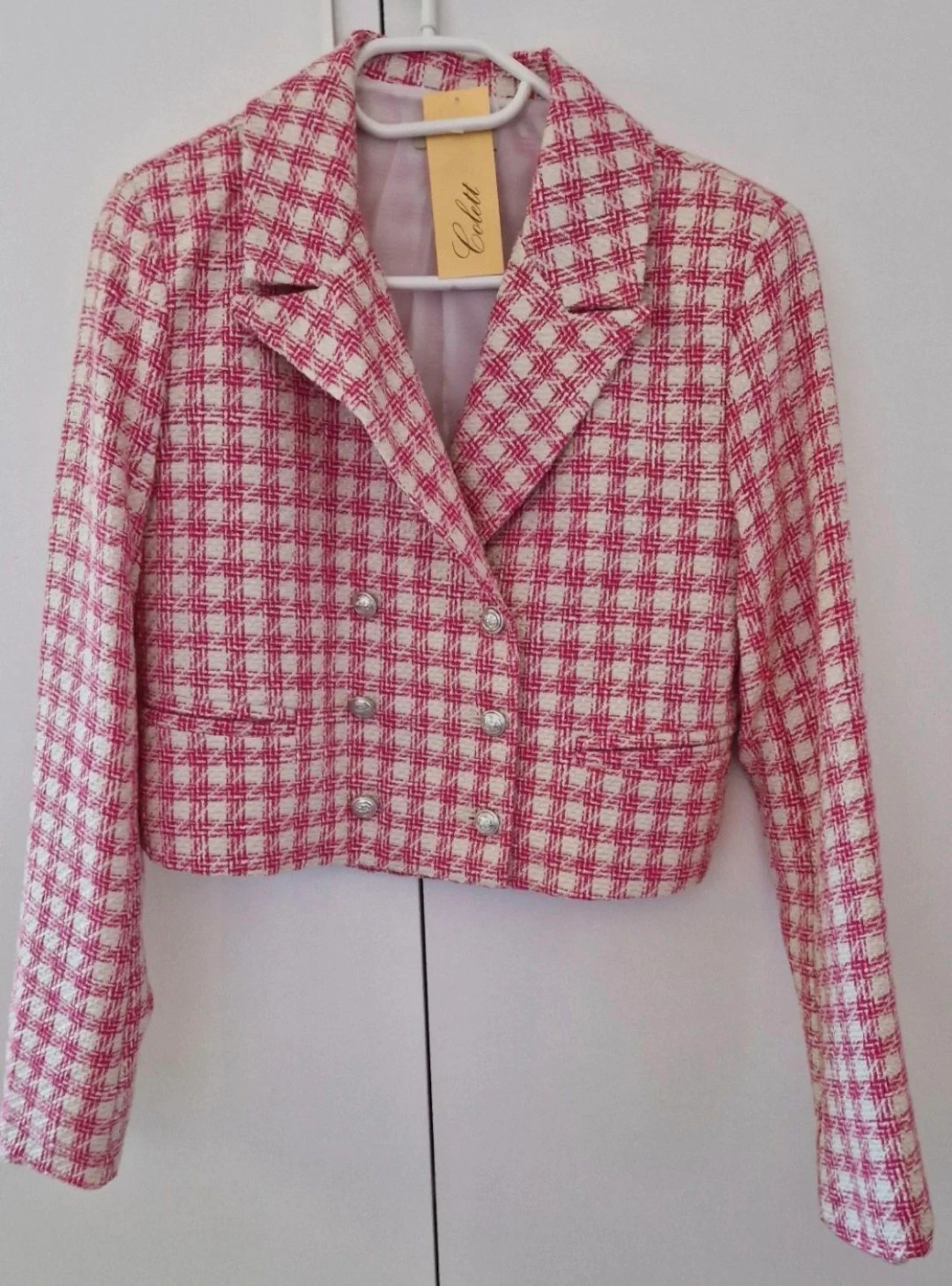 Torera cropped Colett tweed rosa fucsia y blanco NUEVA